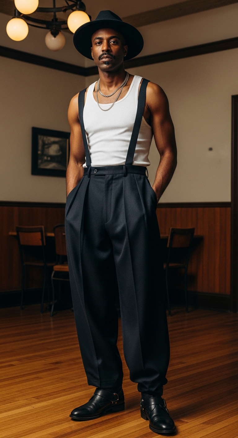 Suspenders and Wide-Leg Pants
