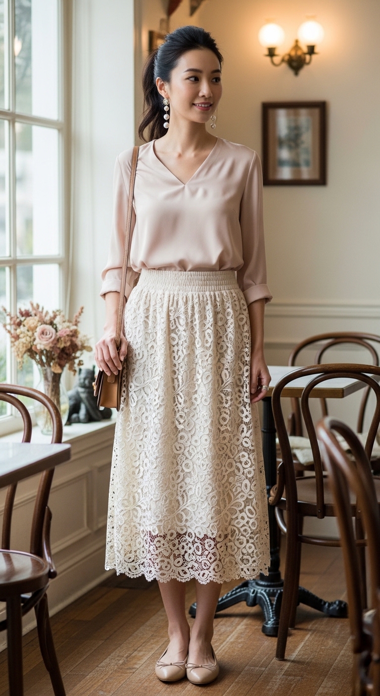 Cream Lace Midi Skirt