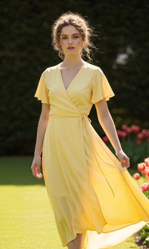 Easter Outfit Women Pastel Yellow Wrap Dress E1771587610979 612x1024